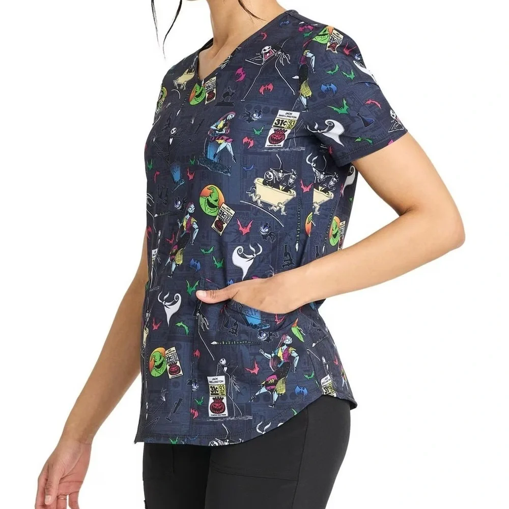 NWT Disney The Night Before Christmas Women’s V-Neck Scrub Top Halloween - Picture 3 of 7